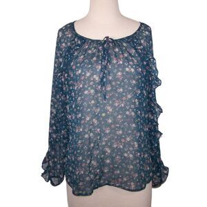 Closetrix Shirt Top Large Sheer Floral Ruffled Long Sleeve Tie Front Womens